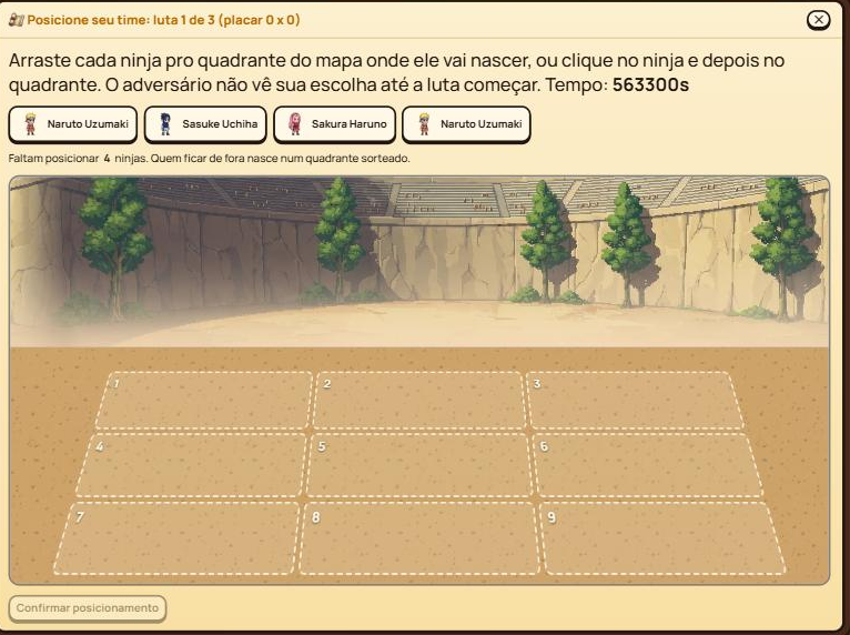 Tela de posicionamento do Exame com os quatro ninjas do time e o mapa da arena dividido em nove quadrantes numerados.