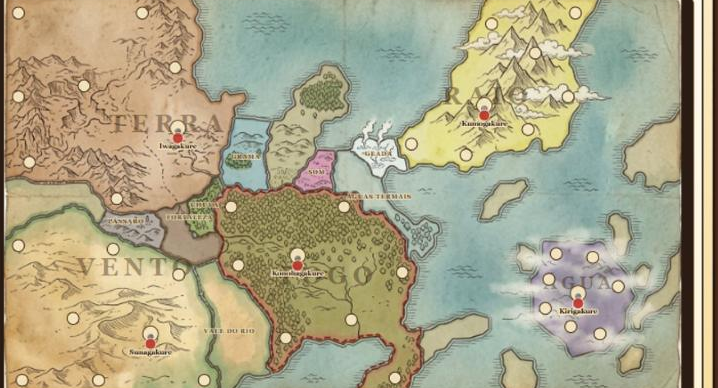 Ninja War map with the five nations in different colours, their capitals marked and the points spread across each country.