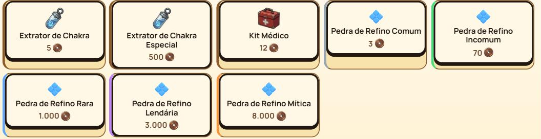 Shop grid with the Chakra Extractor, Special Extractor, Medical Kit and the five Refining Stones, each with its price.