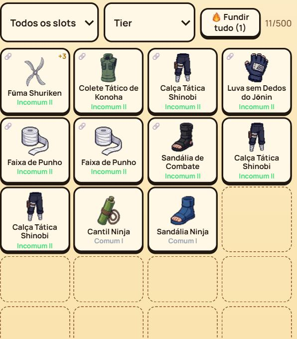 Bolsa de equipamento com peças repetidas e o botão Fundir tudo no topo.