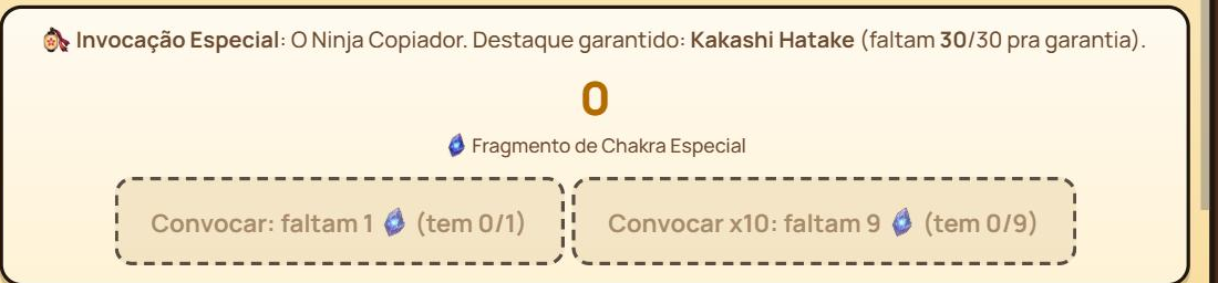 Bloco da Invocação Especial com o personagem em destaque e o contador de quantas invocações faltam para a garantia.