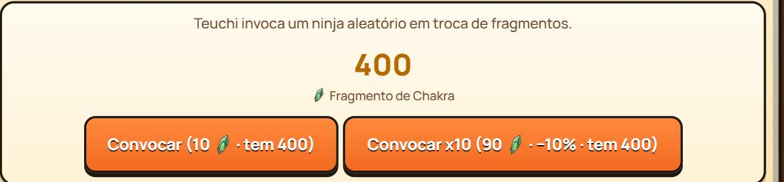 Tela do Ichiraku Ramen com os botões de convocar uma vez e dez vezes, e o saldo de Fragmentos de Chakra.