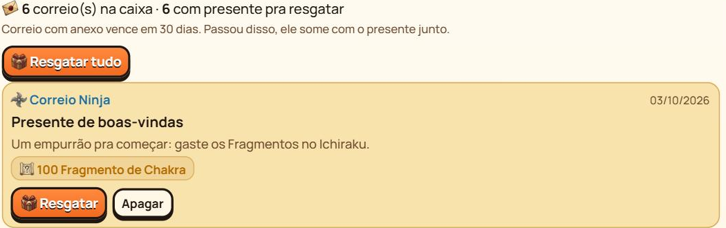 Caixa do Correio com o aviso de vencimento em 30 dias, o botão de resgatar tudo e uma carta com anexo de Fragmentos.