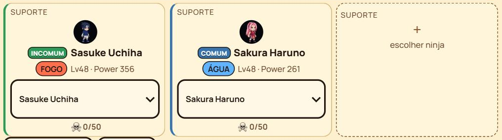 Dois espaços de suporte preenchidos com Sasuke e Sakura, cada um com banda de Potencial, elemento, nível e Power, e um terceiro espaço vazio.